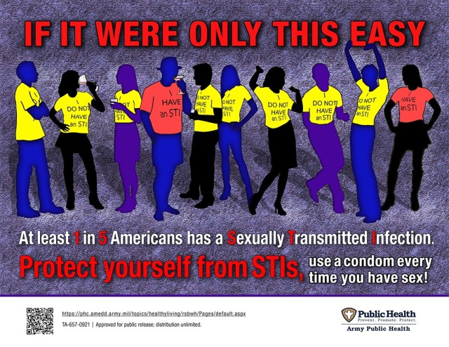 Examples of common infections among the active-duty military are the sexually transmitted infections chlamydia, gonorrhea and syphilis. Protect yourself from infectious diseases by maintaining safe distances, wearing protection, practicing good hygiene, getting vaccinated (when available), getting tested to know your status, and maximizing your immunity with healthy habits. (U.S. Army Public Health photo illustration by Joyce Kopatch)