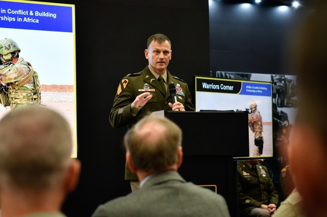 Col. Grant Fawcett, the 2nd Security Force Commander, provides AUSA attendees an update on unit activities in Africa and how the SFAB provides commanders crucial access to African partners.