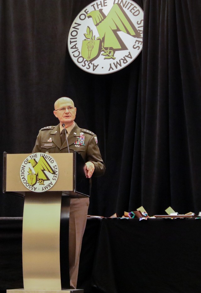 Army Materiel Command’s top leader, Gen. Ed Daly, speaks at the First and European Regions breakfast during the 2022 AUSA Annual Meeting, Oct. 12. (U.S. Army photo by Kim Hanson)