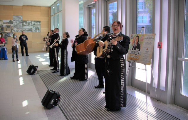 Mariachi Imperio, a mariachi band, plays music in the lobby of the Myer Auditorium following a Hispanic Heritage Month celebration Oct. 11, 2022. 