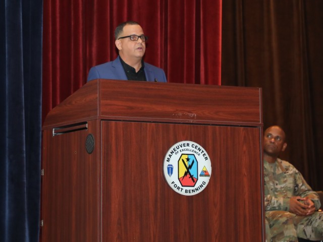 Staff Sgt. (RET) Cesar F. Bautista, former WHINSEC instructor, delivers remarks during the ceremony. U.S. Army Photo by SPC Jaden Witt