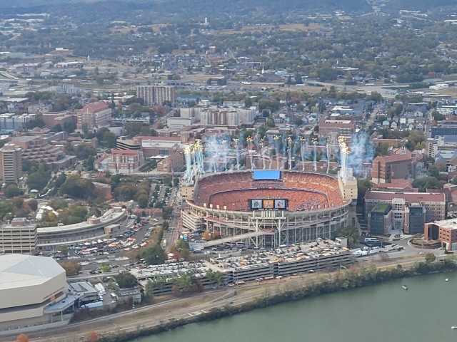 Aerial view of the stadium after the fireworks and national anthem just prior to kickoff.
