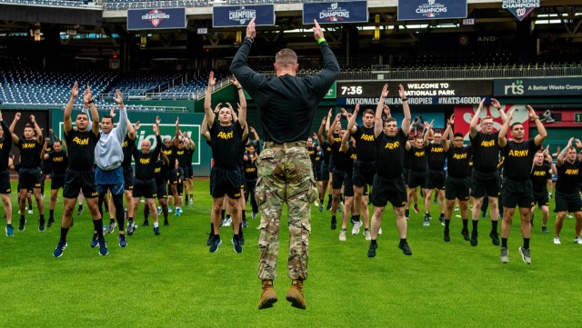 Service members from the Military District of Washington conduct a HIIT Exercise at the Nationals Park in Washington D.C.
