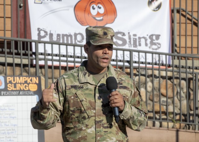 Picatinny Arsenal garrison commander Lt. Col. Alexander Burgos welcomes students to the 5th annual pumpkin slinging contest. U.S. Army photo by Todd Mozes