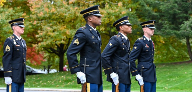 Members of the New York National Guard Honor Guard perform military honors for the dedication of a memorial stone for Private Oliver Barrett at the Saratoga National Cemetery on October 19, 2022.  Barrett volunteered as a Minuteman and died serving under the 10th Massachusetts Regiment in the Battle of Saratoga on October 7, 1777, at 51 years of age. Barrett lies in an unmarked grave on the Saratoga Battlefield and was honored with a memorial stone at the ceremony. 