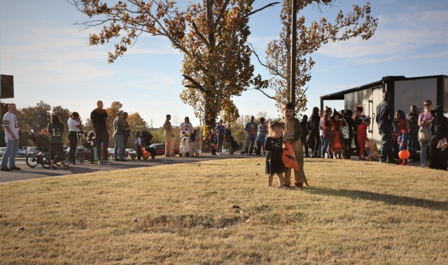 Knox Hills residents line up to enter the trunk-or-treat event at the Lendlease fall Festa-Boo Oct. 21, 2022, in honor of Resident Appreciation Month.