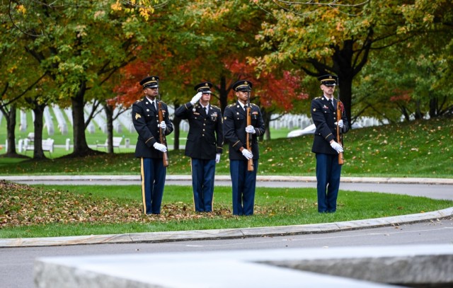 Members of the New York National Guard Honor Guard perform military honors for the dedication of a memorial stone for Private Oliver Barrett at the Saratoga National Cemetery on October 19, 2022.  Barrett volunteered as a Minuteman and died serving under the 10th Massachusetts Regiment in the Battle of Saratoga on October 7, 1777, at 51 years of age. Barrett lies in an unmarked grave on the Saratoga Battlefield and was honored with a memorial stone at the ceremony.