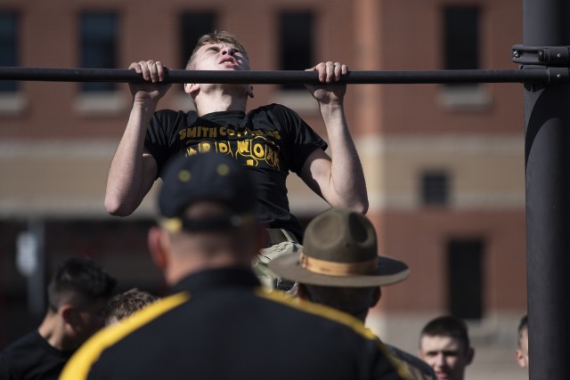 Garrett Jones, a Junior ROTC cadet from Smith-Cotton High School in Sedalia, Missouri, attempts a pull up in the 31st Engineer Battalion training area during the physical team tasks portion of the 2022 Raider Challenge event. Each eight-person...