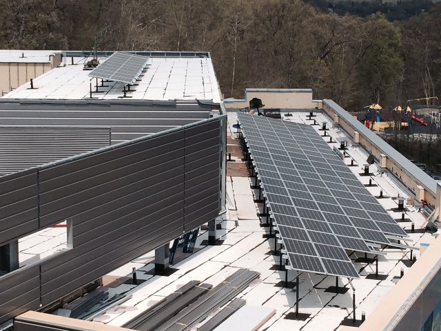 Photovoltaic cell array on the roof of the Brian D. Allgood Ambulatory Clinic