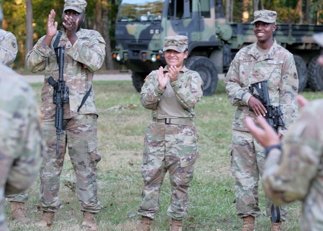  Soldiers assigned to the 688th Rapid Port Opening Element recognized Spc. Gerard McJimson during a field training exercise at Fort Eustis, Va. Oct. 6.