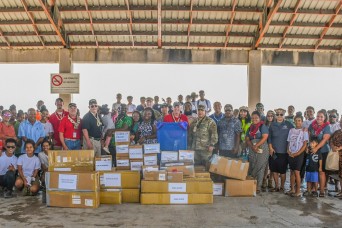 Representatives from Kwajalein visited Ebeye on Oct. 8, 2022, to deliver the first school supplies collected in a program to benefit Kwajalein Atoll sch...