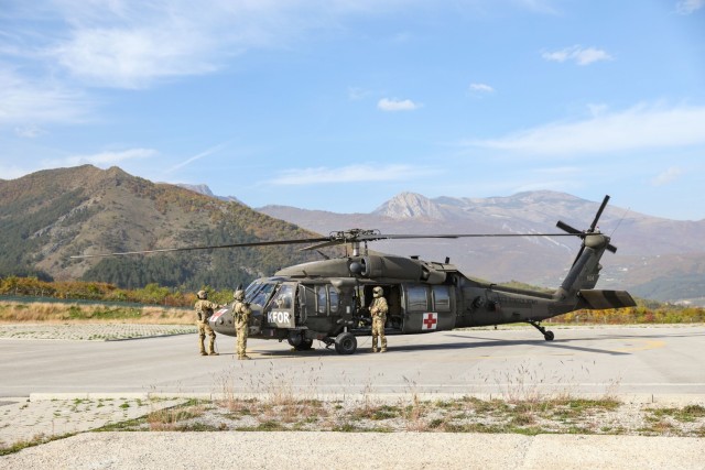 U.S. Army Soldiers assigned to Charlie Company, 2nd Battalion, 149th Aviation Regiment, Arizona National Guard, also known as “Copper State Dustoff,” prepare for a training flight on Oct. 24, 2022, at Camp Villagio, Kosovo. Copper State Dustoff is supporting ongoing operations in Kosovo Force’s Regional Command-East and can provide aeromedical evacuations throughout the entire region at a call&#39;s notice.