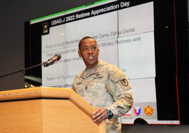 Command Sgt. Maj. Justin E. Turner, senior enlisted leader of U.S. Army Garrison Japan, speaks during a Retiree Appreciation Day event at the Camp Zama Community Club, Japan, Oct. 28, 2022.