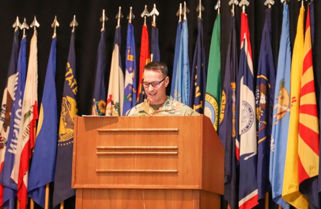 Col. Christopher Stauder, Cyber Protection Brigade incoming commander, addresses the “Hunter Brigade” and guests during the CPB’s change of command ceremony at Fort Gordon, Georgia, Oct. 27, 2022. (Photo by Shatara Riis)