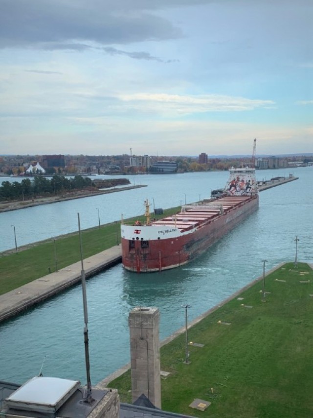 The CSL (Canadian Steamship Lines) Welland nears the Poe Lock Oct. 25. The lock is part of Soo Locks managed and operated by the U.S. Army Corps of Engineers in Sault Ste. Marie, Mich. 