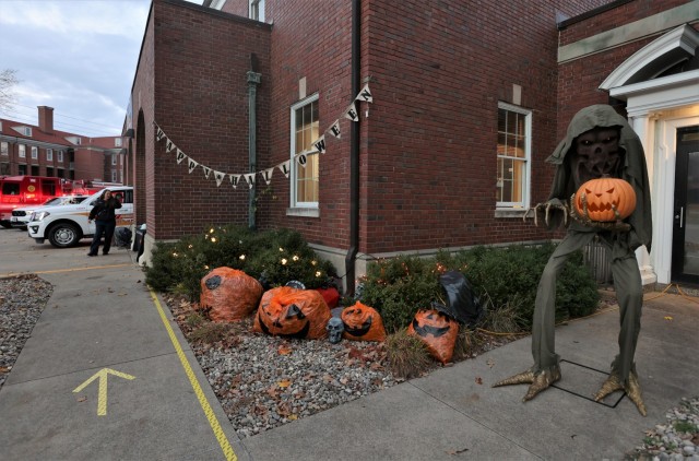 In addition to many Fort Knox houses Oct. 31, 2022, Fire Station 1 shows off its creepy décor to trick-or-treaters as they collect Halloween candy.