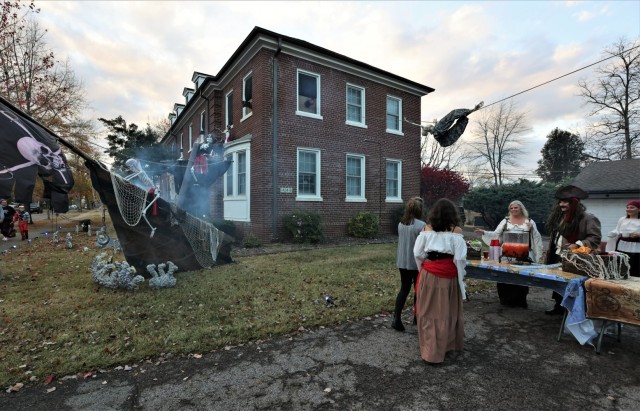 A home in the historic district of Fort Knox appears less like a house and more like a pirate ship Oct. 31, 2022, due to the creative decorating of its residents.