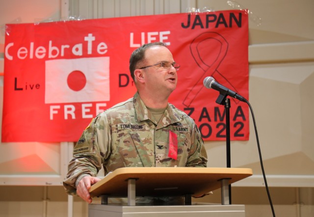 Col. Christopher L. Tomlinson, commander of U.S. Army Garrison Japan, speaks with students during a Red Ribbon Week assembly inside the Zama Middle High School auditorium at Camp Zama, Japan, Nov. 3, 2022. Celebrated every year, Red Ribbon Week is the nation&#39;s largest and longest-running drug-use prevention campaign that has reached millions of people around the world, according to the National Family Partnership. 