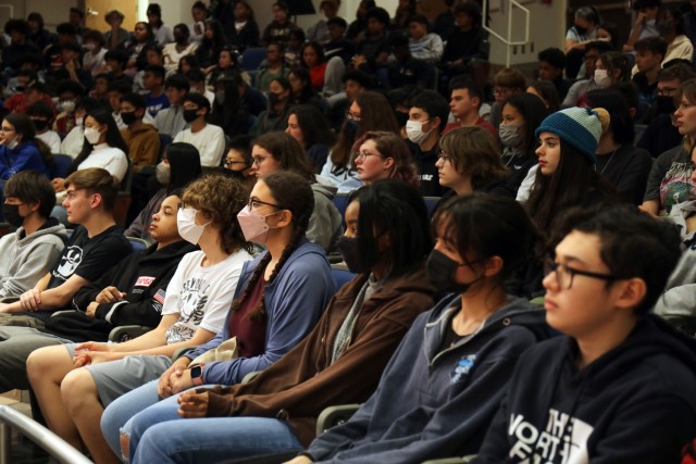 Students from Zama Intermediate High School attend an assembly for Red Ribbon Week inside the school's auditorium at Camp Zama, Japan, on November 3, 2022. Red Ribbon Week, held every year, is the nation's largest and longest-running drug prevention campaign ever reaching millions of people around the world, according to the National Family Partnership. 