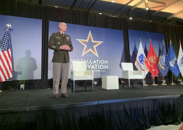 Lt. Gen. Omar Jones on stage at the Installation Innovation Forum