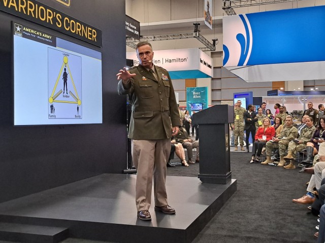 Maj. Gen. Christopher Norrie, People First Task Force director, discusses how the Army well combat harmful behaviors including sexual assault and sexual harassment during the 2022 Association of the U.S. Army Annual Exposition and Meeting on Oct....