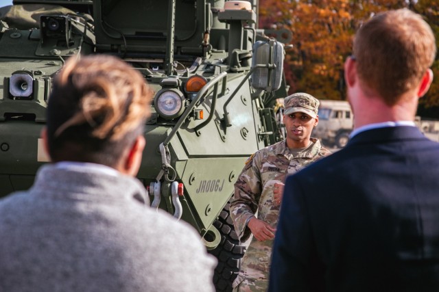 SGT  Israel Rivera, 401st Chemical Company, briefed on the capabilities of the Stryker. 
