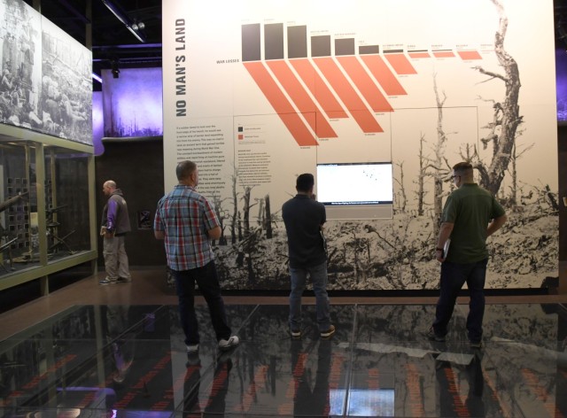Students and faculty from the Army Knowledge Management Qualification Course view an exhibit on &#34;No Man&#39;s Land&#34; at the National WWI Museum and Memorial, Kansas City, Mo., Oct. 28, 2022. The class learned about the war, while also comparing and contrasting KM practices then and now.