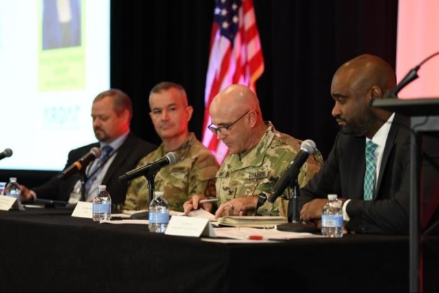 APEO Lee James (r.) moderates the BMA panel with Kevin Curry (l.) of DIBS & Col. Rob Wolfe of ARDAP.
