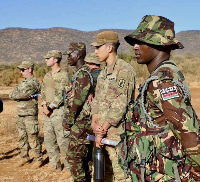 U.S. Army Soldiers from 1st Battalion, 503rd Infantry Regiment, 173rd Airborne Brigade, meet with Kenyan Defence Force Soldiers in Nairobi to prepare for a bilateral exercise during Justified Accord, March 13, 2022.  Exercise Justified Accord allows the United States and African partners to support peace and stability in the region. (U.S. Army photo by Capt. Abigail Hammock)