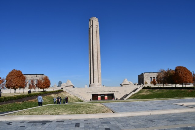 Students from the Knowledge Management Qualification Course walk toward the entrance of the National WWI Museum and Memorial, Kansas City, Mo., Oct. 28, 2022. 