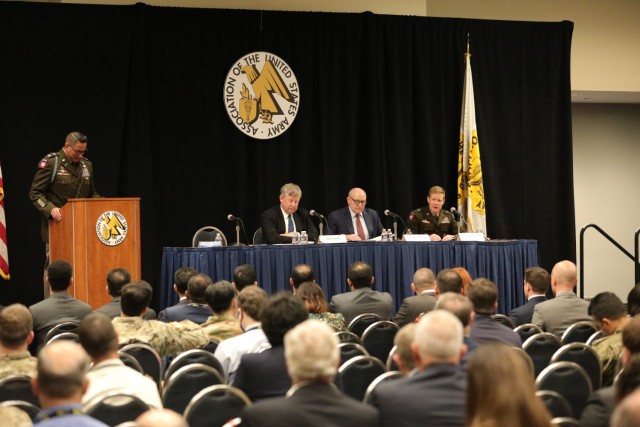 The war in Ukraine continues to yield lessons learned, some of which were highlighted during an Oct. 11 security cooperation seminar in Washington D.C.  Panel members included (from left) James Hursch, director of the Defense Security Cooperation Agency (DSCA), Patrick Mason, Deputy Assistant Secretary of the Army for Defense Exports & Cooperation, and  Brig. Gen. Brad Nicholson, commanding general of the U.S. Army Security Assistance Command.  The seminar was held at the AUSA’s 2022 annual meeting and exposition.