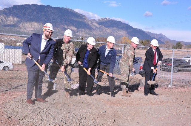 FORT CARSON, Colo. — U.S. Army leaders and partners broke ground on the new Flow Battery system for Fort Carson Nov. 3. Participating in the groundbreaking were, from left to right, Dr. Andrew Nelson, Maj. Gen. David M. Hodne, Brenda McCullough, Paul Farnan, Col. Sean M. Brown, Steven Botwinik. Nelson is director of Construction Engineering Research Laboratory, U.S. Army Engineer Research and Development Center, U.S. Army Corps of Engineers. Hodne is commanding general of 4th Infantry Division and Fort Carson. McCullough is director of Installation Management Command-Readiness. Farnan is principal deputy assistant secretary of the Army (Installations, Energy and Environment). Brown is commander, U.S. Army Garrison Fort Carson. Botwinik is vice president, Advanced Programs Execution and Transition, Lockheed Martin Missiles and Fire Control.