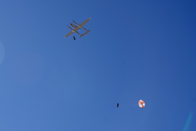 The U.S. Army Group 3 Medical Drone delivers a payload during Project Convergence 22.