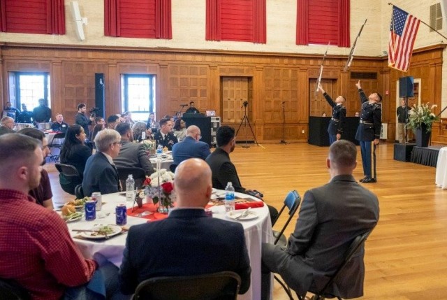 BOSTON, Massachusetts - Members of the United States Army Drill Team perform during a Veterans Day luncheon at the  Wentworth Institute of Technology in Boston, Mass., Nov. 4, 2022. 