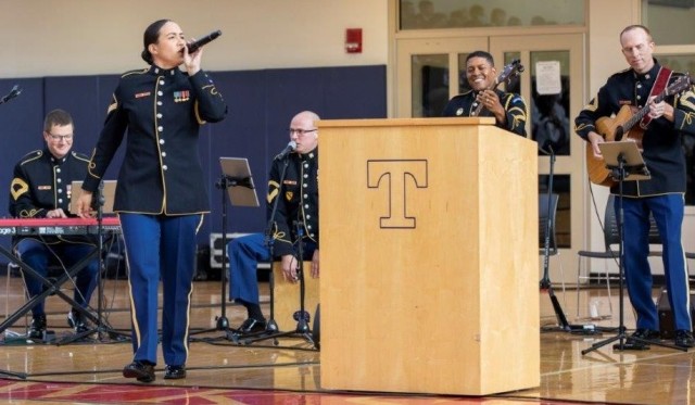 TEWKSBURY, Massachusetts - Members of the United States Army Band &#34;Pershing&#39;s Own,&#34; perform during a visit to Tewksbury Memorial High School in Tewksbury, Mass., Nov. 4, 2022.