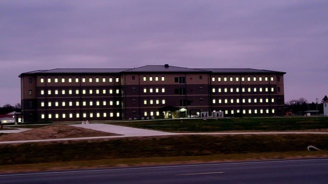 New barracks at night at Fort McCoy