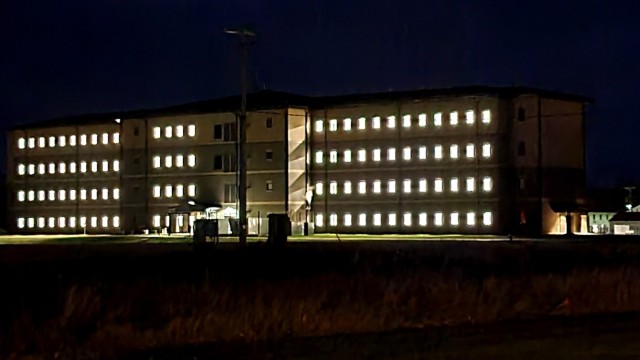 New barracks at night at Fort McCoy