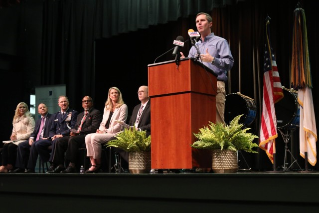 Governor Andy Beshear speaks at the Purple Star Award ceremony at Christian County Middle School, Hopkinsville, K.y, Nov 21, 2022. In order to be awarded the Purple Star Award schools must take steps such as designating a point of contact, establishing and maintaining a web page of resources for military families, enacting a student transition program and hosting military recognition events.
