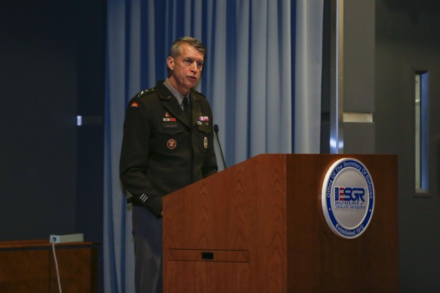 Army Gen. Daniel Hokanson, chief, National Guard Bureau, speaks to Employer Support of the Guard and Reserve state chair members and volunteers during the ESGR National Leader Meeting at the Mark Center in Alexandria, Virginia, Nov. 18, 2022. ESGR, a Department of Defense program, was established in 1972 to promote cooperation and understanding between reserve component service members and their civilian employers and to help resolve conflicts arising from an employee&#39;s military commitment. (U.S. Army National Guard photo by Sgt. 1st Class Zach Sheely)