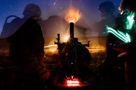 Soldiers fire a mortar system during an exercise at Fort Indiantown Gap, Pa., Oct. 21, 2022.