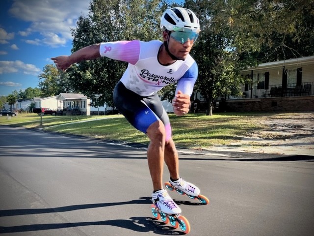 Sgt. 1st Class Markevous Humphrey practices his form near Ft. Bragg, North Carolina on Oct. 5, 2022.  Humphrey is preparing to compete for the World Skate Roller Games in Buenos Aires, Argentina.