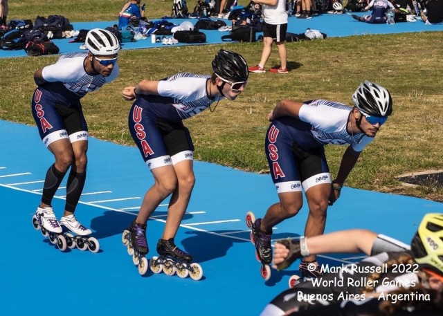 Sgt. 1st Class Markevous Humphrey with his team at the World Skate Roller Games in Buenos Aires, Argentina.