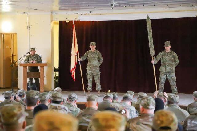 Capt. Deborah Castro is the master of ceremony during the 746th Combat Sustainment Support Battalion transfer of authority ceremony with the 68th Division Sustainment Support Battalion Nov. 22, 2022, in Powidz, Poland.