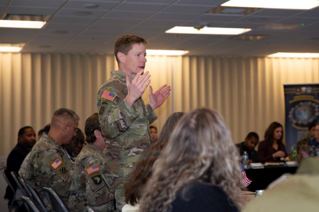 Brig. Gen. Brad Nicholson, commanding general of Security Assistance Command, addresses the security assistance liaison officers on their visit.