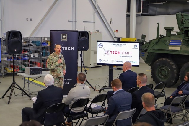 COL Matt Paul, Project Manager Mission Command, Program Executive Office Command Control Communications -Tactical provides remarks at the xTechCMFF Integration Fest awards ceremony held at the C5ISR Prototype Integration Facility in Aberdeen, Maryland.