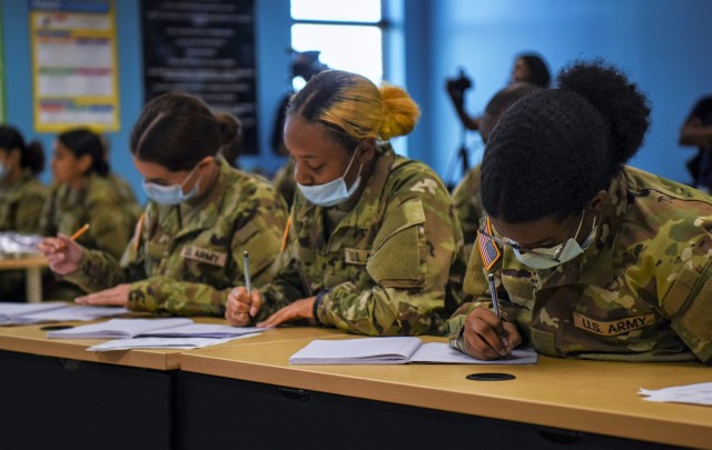 Students of the Future Soldier Preparatory Course at Fort Jackson, South Carolina, work on improving their academic scores Aug. 18, 2022. The course focuses on giving recruits an opportunity to improve in areas that have kept them from meeting the standard to attend basic combat training.