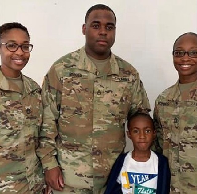 Staff Sgt. Derrick Hodges with his sister (left), Master Sgt. Erica Hodges, son Dreveon, and wife, Sgt. 1st Class Angela Hodges. The three — all currently serving in the Army — are the latest in a long line of family members who have served. (Courtesy photo)