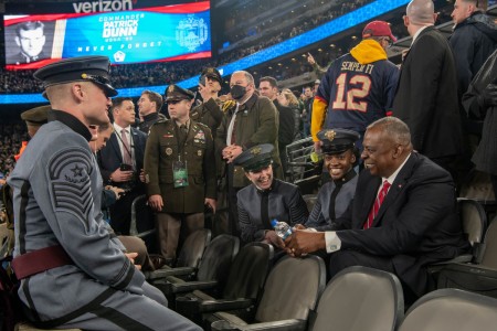 Secretary of Defense Lloyd J. Austin III speaks with U.S. Military Academy cadets at the annual Army-Navy football game at MetLife Stadium in East Rutherford, N.J., Dec. 11, 2021.