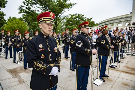 Members of the U.S. Army Band, &#34;Pershing&#39;s Own&#34; support an Armed Forces Full Honors wreath-laying ceremony at the Tomb of the Unknown Soldier at Arlington National Cemetery, Arlington, Va., May 4, 2022. The wreath was laid by Japanese Defense Minister Nobuo Kishi.