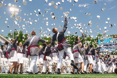 The cadets of the U.S. Military Academy Class of 2022 tossed their hats into the air after the command of “Class Dismissedˮ by Cadet First Captain Holland Pratt at the conclusion of the Graduation and Commissioning Ceremony Saturday at Michie Stadium. This year, 1,014 members of the USMA Class of 2022 received their diplomas. The graduating class represented 84% of the 1,205 cadets who entered West Point four years ago.